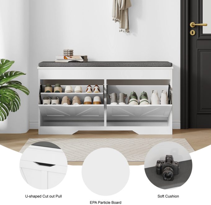 WOSSYO Shoe Storage Bench – White(With Extra Storage) - 图片 6