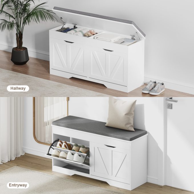 WOSSYO Shoe Storage Bench – White(With Extra Storage) - 图片 4