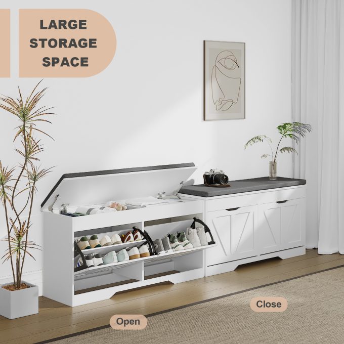 WOSSYO Shoe Storage Bench – White(With Extra Storage) - 图片 3
