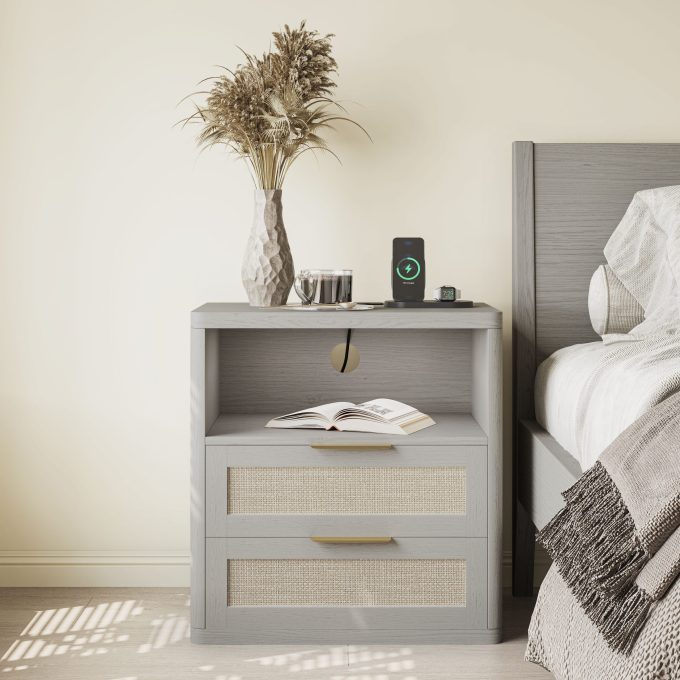 WOSSYO Rattan Nightstand – Grey Oak