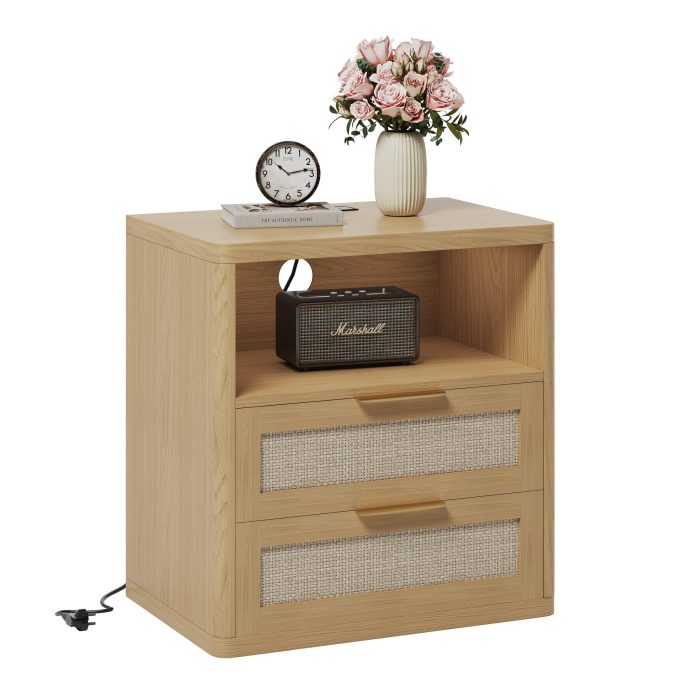 WOSSYO Rattan Nightstand – Natural Oak