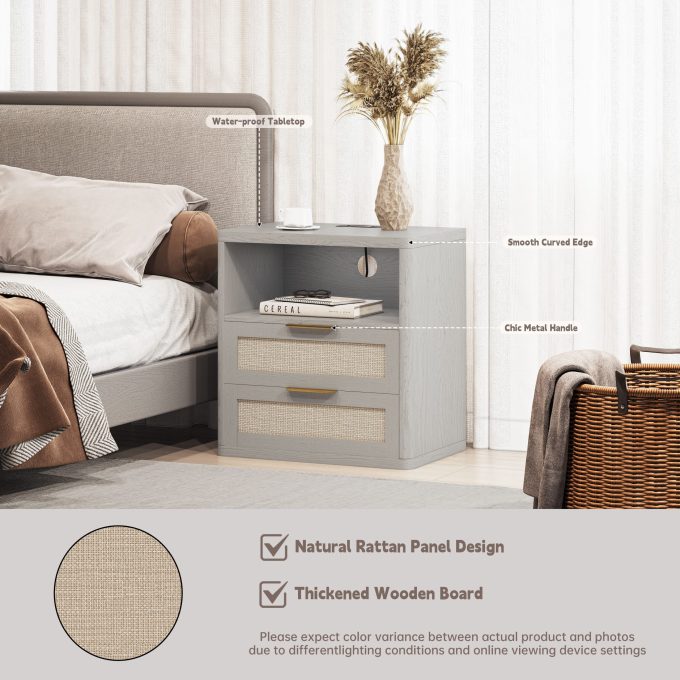 WOSSYO Rattan Nightstand – Grey Oak - 图片 5