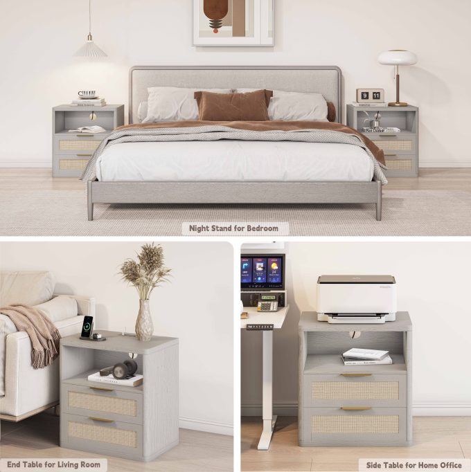 WOSSYO Rattan Nightstand – Grey Oak - 图片 3